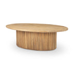 Table basse ovale cannelée en bois de manguier massif, brun clair/expresso, avec plateau élévateur hydraulique et rangement caché - Usage unique