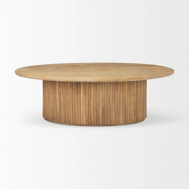 Table basse ovale cannelée en bois de manguier massif, brun clair/expresso, avec plateau élévateur hydraulique et rangement caché - Usage unique