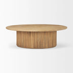 Table basse ovale cannelée en bois de manguier massif, brun clair/expresso, avec plateau élévateur hydraulique et rangement caché - Usage unique