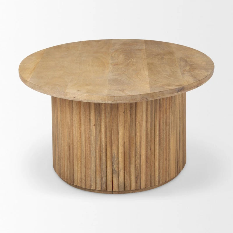 Table basse ovale cannelée en bois de manguier massif, brun clair/expresso, avec plateau élévateur hydraulique et rangement caché - Usage unique