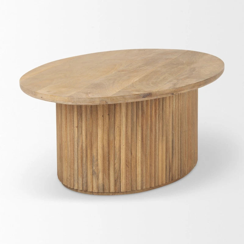 Table basse ovale cannelée en bois de manguier massif, brun clair/expresso, avec plateau élévateur hydraulique et rangement caché - Usage unique