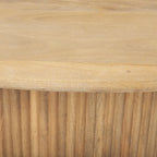 Table basse ovale cannelée en bois de manguier massif, brun clair/expresso, avec plateau élévateur hydraulique et rangement caché - Usage unique