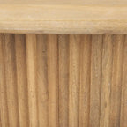 Table basse ovale cannelée en bois de manguier massif, brun clair/expresso, avec plateau élévateur hydraulique et rangement caché - Usage unique