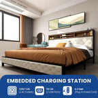 Lit plateforme capitonné king beige avec tête de lit bibliothèque et station de recharge USB - Pour 2 personnes