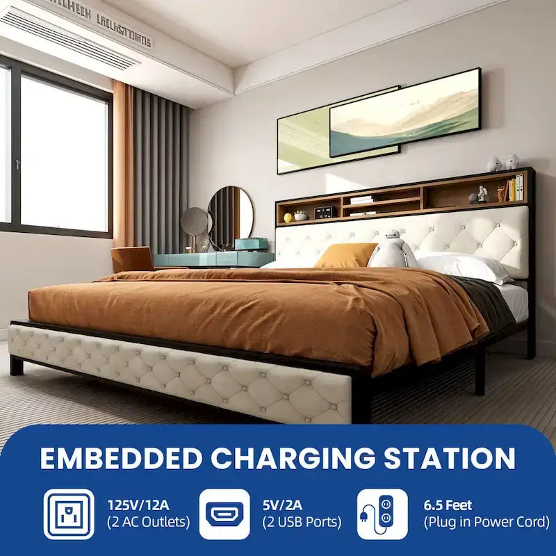 Lit plateforme capitonné king beige avec tête de lit bibliothèque et station de recharge USB - Pour 2 personnes