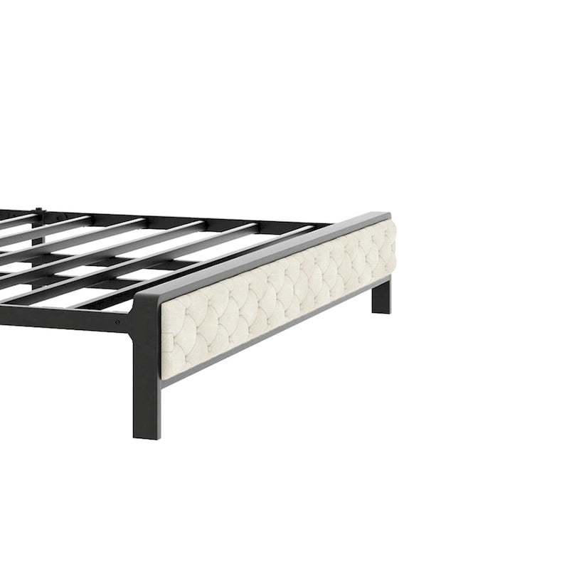 Lit plateforme capitonné king beige avec tête de lit bibliothèque et station de recharge USB - Pour 2 personnes