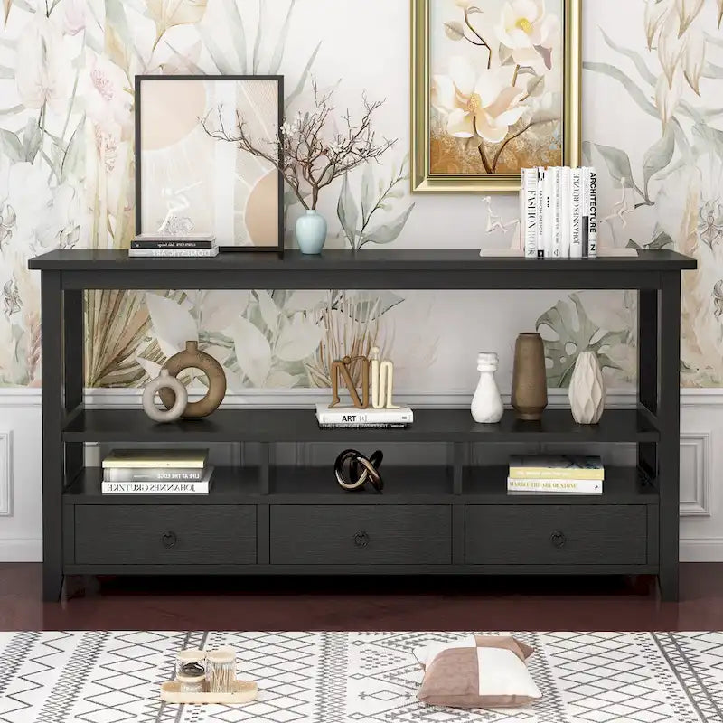 Table Console MDF de Style Rustique Américain Vintage Noir / Blanc avec 4 Tiroirs et 3 Étages
