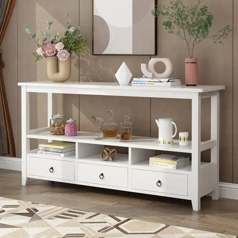 Table Console MDF de Style Rustique Américain Vintage Noir / Blanc avec 4 Tiroirs et 3 Étages