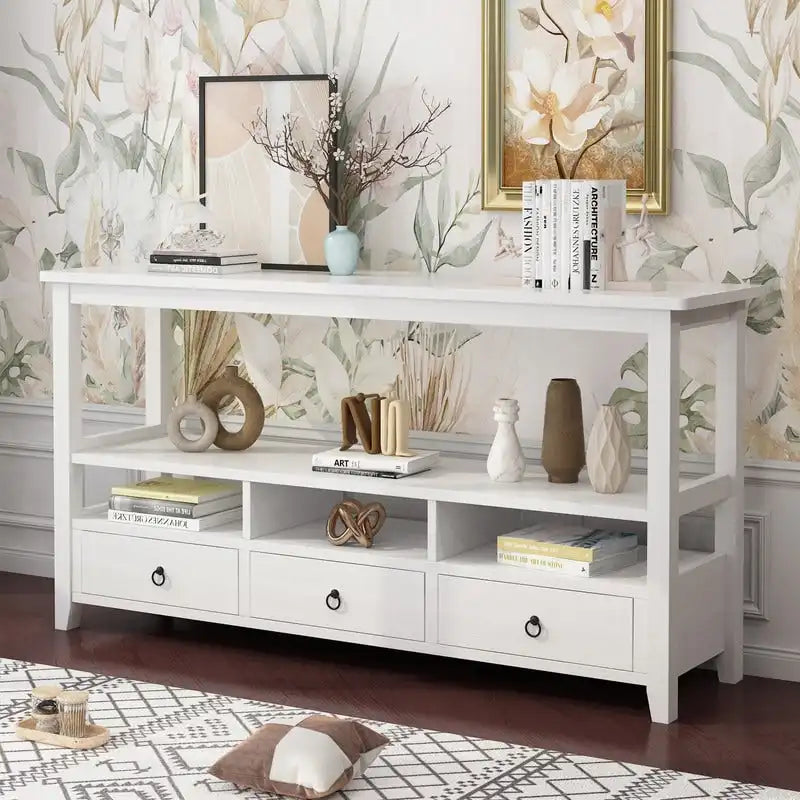 Table Console MDF de Style Rustique Américain Vintage Noir / Blanc avec 4 Tiroirs et 3 Étages