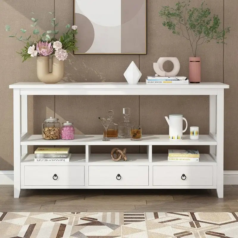 Table Console MDF de Style Rustique Américain Vintage Noir / Blanc avec 4 Tiroirs et 3 Étages