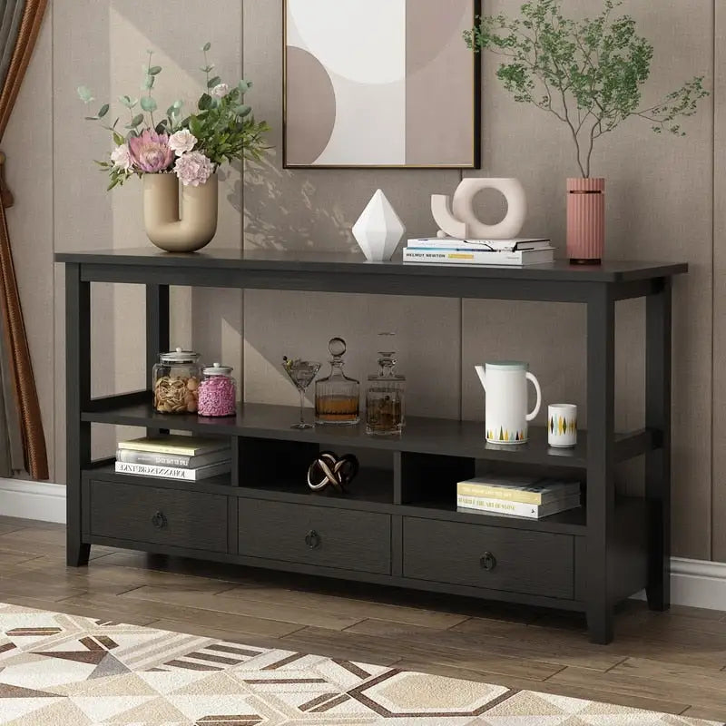 Table Console MDF de Style Rustique Américain Vintage Noir / Blanc avec 4 Tiroirs et 3 Étages