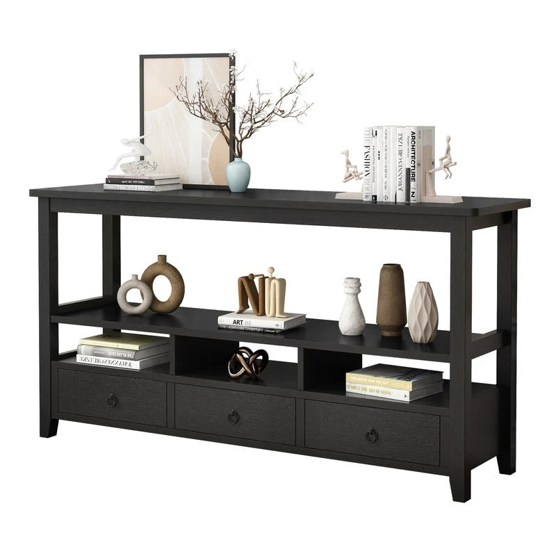 Table Console MDF de Style Rustique Américain Vintage Noir / Blanc avec 4 Tiroirs et 3 Étages