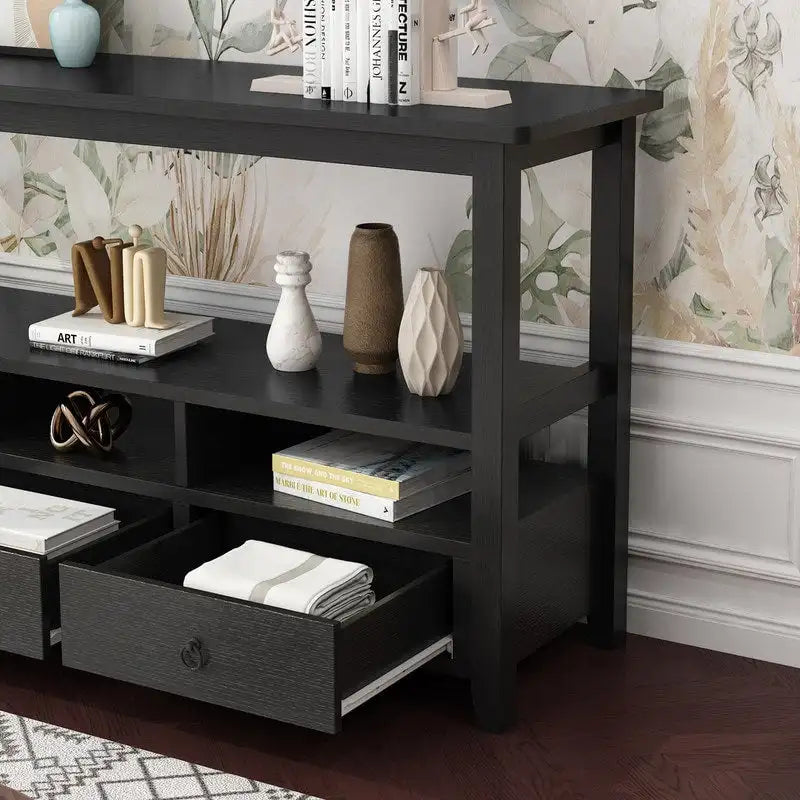 Table Console MDF de Style Rustique Américain Vintage Noir / Blanc avec 4 Tiroirs et 3 Étages