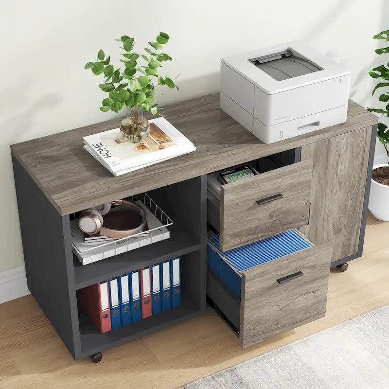 Bureau de direction d'angle marron rustique/gris avec caisson de classement mobile, tiroirs et étagères ouvertes - Usage unique