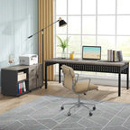 Bureau de direction d'angle marron rustique/gris avec caisson de classement mobile, tiroirs et étagères ouvertes - Usage unique