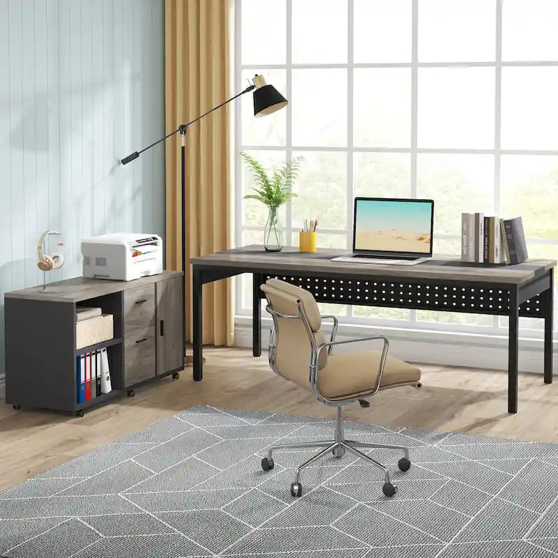 Bureau de direction d'angle marron rustique/gris avec caisson de classement mobile, tiroirs et étagères ouvertes - Usage unique