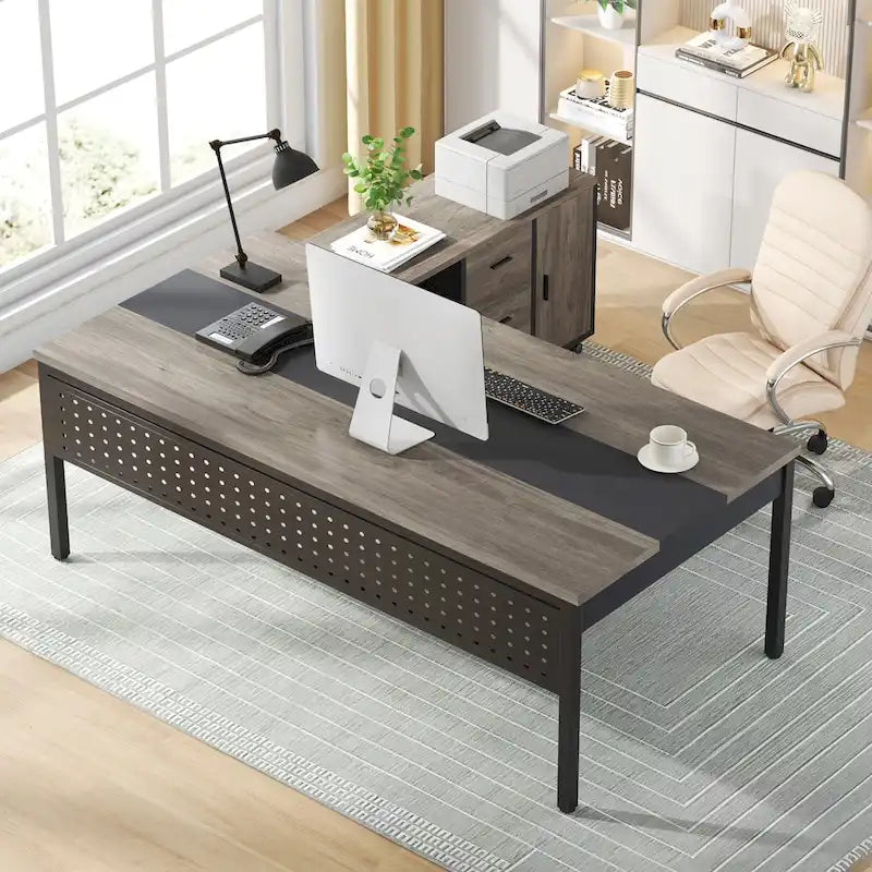 Bureau de direction d'angle marron rustique/gris avec caisson de classement mobile, tiroirs et étagères ouvertes - Usage unique