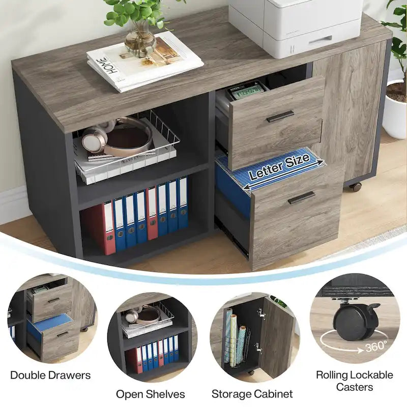 Bureau de direction d'angle marron rustique/gris avec caisson de classement mobile, tiroirs et étagères ouvertes - Usage unique