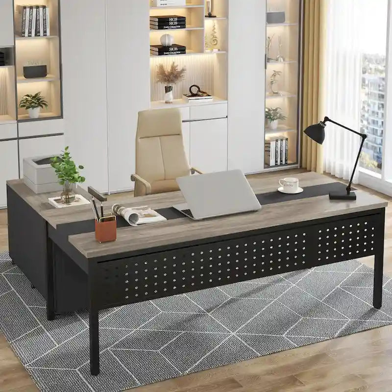 Bureau de direction d'angle marron rustique/gris avec caisson de classement mobile, tiroirs et étagères ouvertes - Usage unique