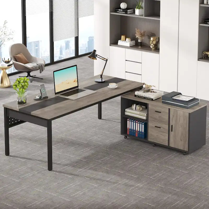 Bureau de direction d'angle marron rustique/gris avec caisson de classement mobile, tiroirs et étagères ouvertes - Usage unique