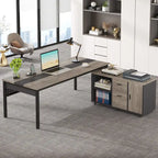 Bureau de direction d'angle marron rustique/gris avec caisson de classement mobile, tiroirs et étagères ouvertes - Usage unique