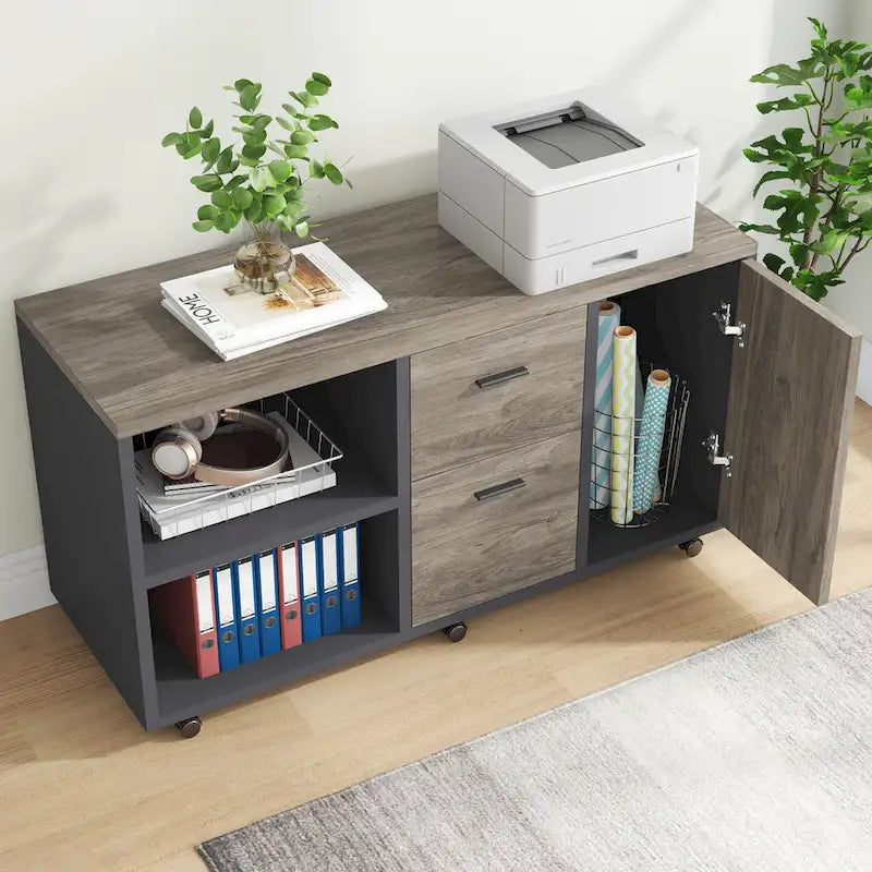 Bureau de direction d'angle marron rustique/gris avec caisson de classement mobile, tiroirs et étagères ouvertes - Usage unique