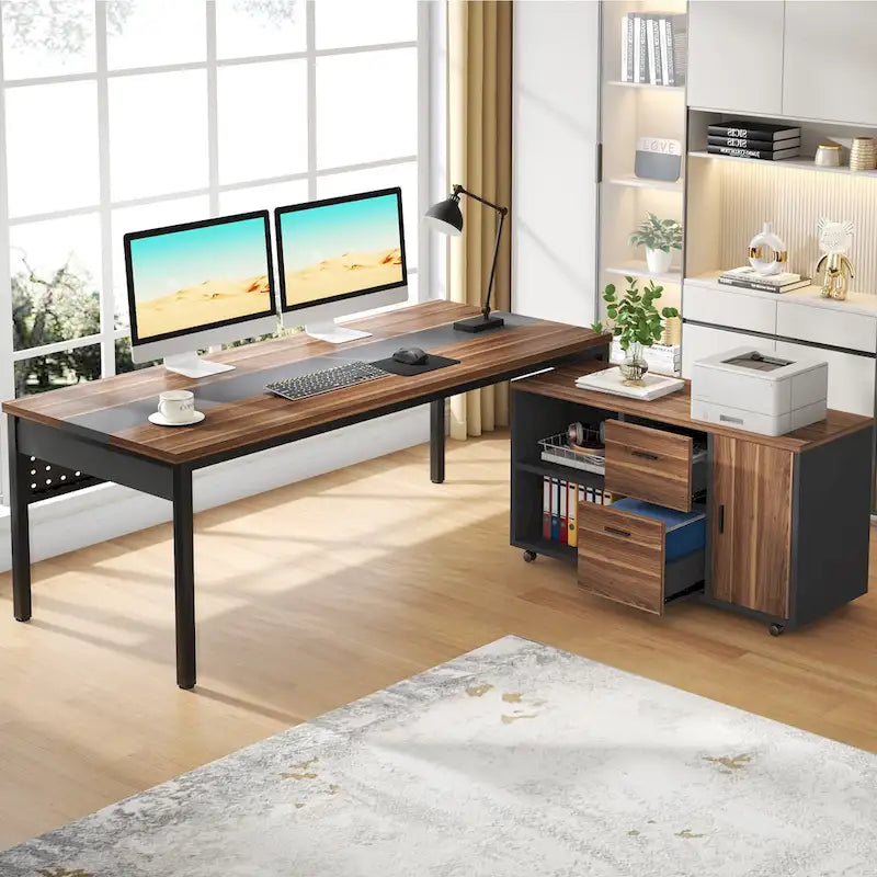Bureau de direction d'angle marron rustique/gris avec caisson de classement mobile, tiroirs et étagères ouvertes - Usage unique