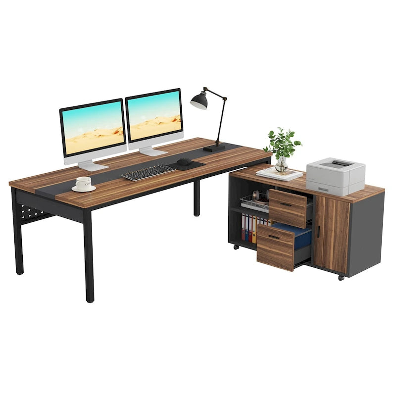 Bureau de direction d'angle marron rustique/gris avec caisson de classement mobile, tiroirs et étagères ouvertes - Usage unique