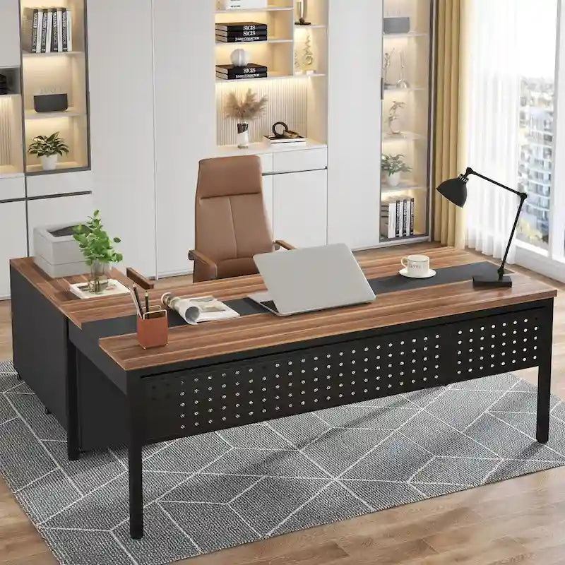 Bureau de direction d'angle marron rustique/gris avec caisson de classement mobile, tiroirs et étagères ouvertes - Usage unique