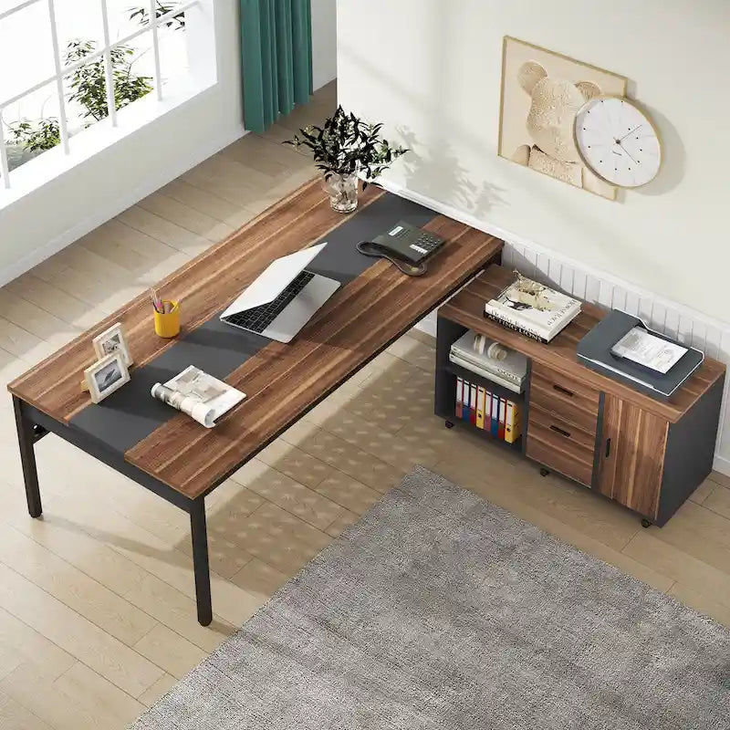 Bureau de direction d'angle marron rustique/gris avec caisson de classement mobile, tiroirs et étagères ouvertes - Usage unique