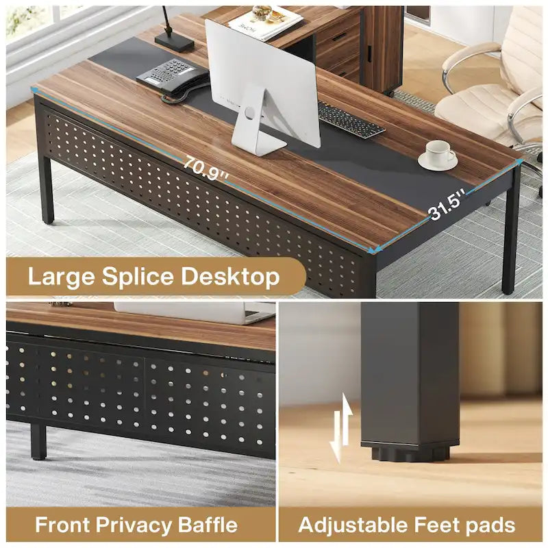 Bureau de direction d'angle marron rustique/gris avec caisson de classement mobile, tiroirs et étagères ouvertes - Usage unique