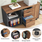 Bureau de direction d'angle marron rustique/gris avec caisson de classement mobile, tiroirs et étagères ouvertes - Usage unique