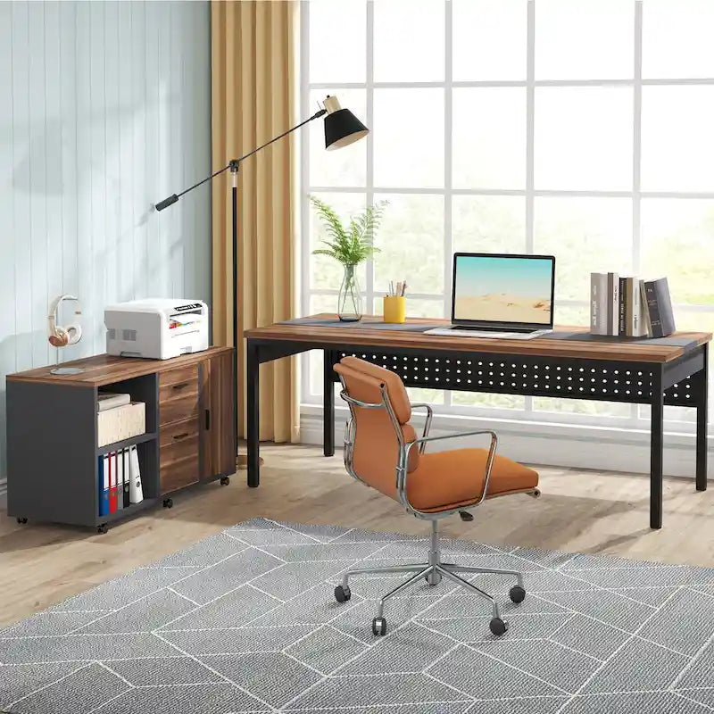 Bureau de direction d'angle marron rustique/gris avec caisson de classement mobile, tiroirs et étagères ouvertes - Usage unique