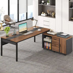 Bureau de direction d'angle marron rustique/gris avec caisson de classement mobile, tiroirs et étagères ouvertes - Usage unique