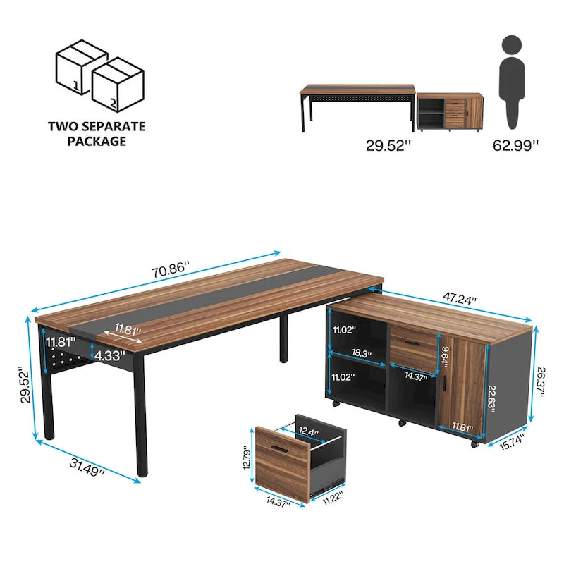 Bureau de direction d'angle marron rustique/gris avec caisson de classement mobile, tiroirs et étagères ouvertes - Usage unique