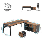 Bureau de direction d'angle marron rustique/gris avec caisson de classement mobile, tiroirs et étagères ouvertes - Usage unique