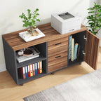 Bureau de direction d'angle marron rustique/gris avec caisson de classement mobile, tiroirs et étagères ouvertes - Usage unique