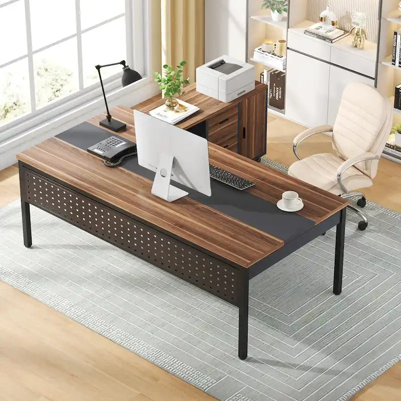 Bureau de direction d'angle marron rustique/gris avec caisson de classement mobile, tiroirs et étagères ouvertes - Usage unique