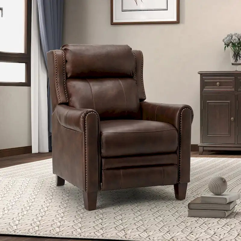 Fauteuil inclinable manuel en cuir véritable, couleurs chocolat/bleu marine/camel/marron/bourgogne/noir, avec garniture cloutée – Usage unique