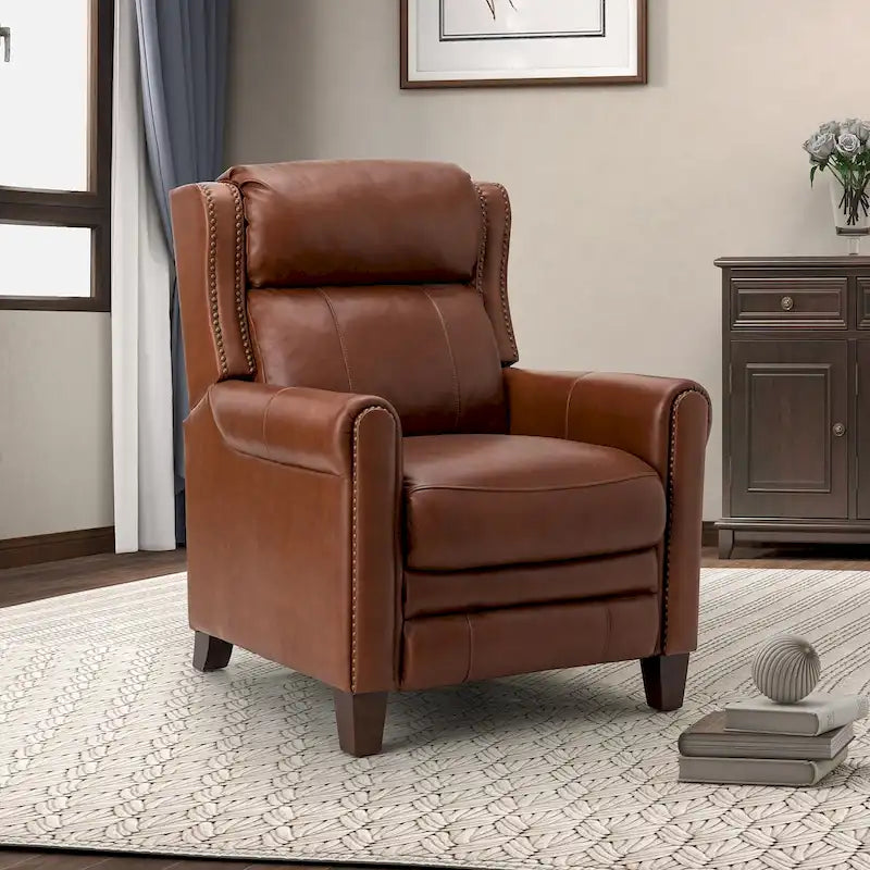 Fauteuil inclinable manuel en cuir véritable, couleurs chocolat/bleu marine/camel/marron/bourgogne/noir, avec garniture cloutée – Usage unique