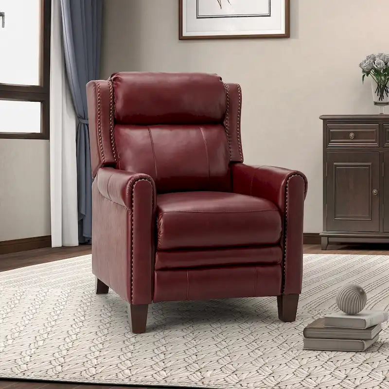 Fauteuil inclinable manuel en cuir véritable, couleurs chocolat/bleu marine/camel/marron/bourgogne/noir, avec garniture cloutée – Usage unique