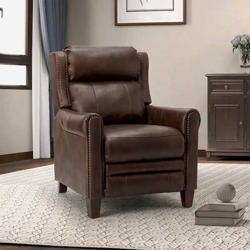 Fauteuil inclinable manuel en cuir véritable, couleurs chocolat/bleu marine/camel/marron/bourgogne/noir, avec garniture cloutée – Usage unique