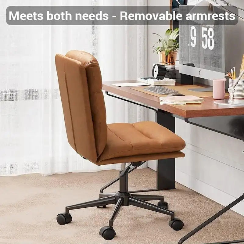 Chaise de bureau moderne mi-siècle en cuir marron avec accoudoirs amovibles et dossier inclinable - Usage unique