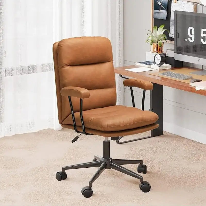 Chaise de bureau moderne mi-siècle en cuir marron avec accoudoirs amovibles et dossier inclinable - Usage unique