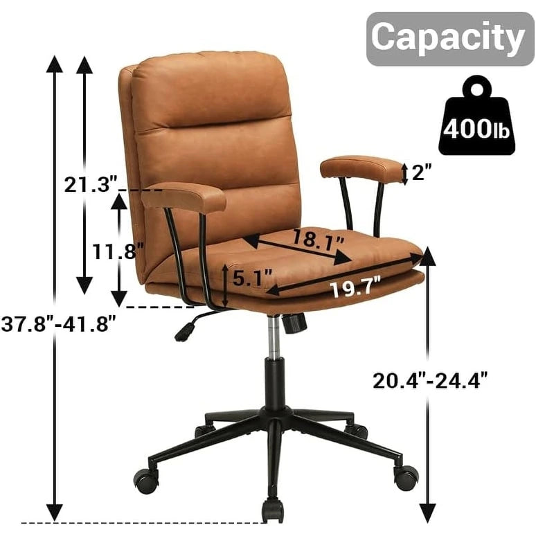 Chaise de bureau moderne mi-siècle en cuir marron avec accoudoirs amovibles et dossier inclinable - Usage unique