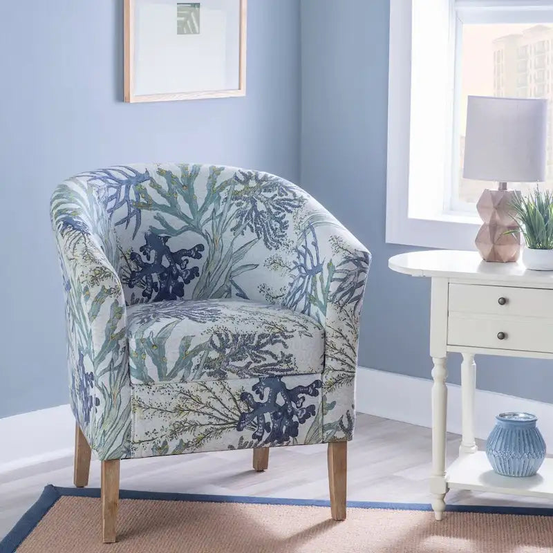 Fauteuil club cylindrique en polyester jacquard à imprimé corail Oceanside avec accoudoirs évasés et structure en bois dur - Usage unique