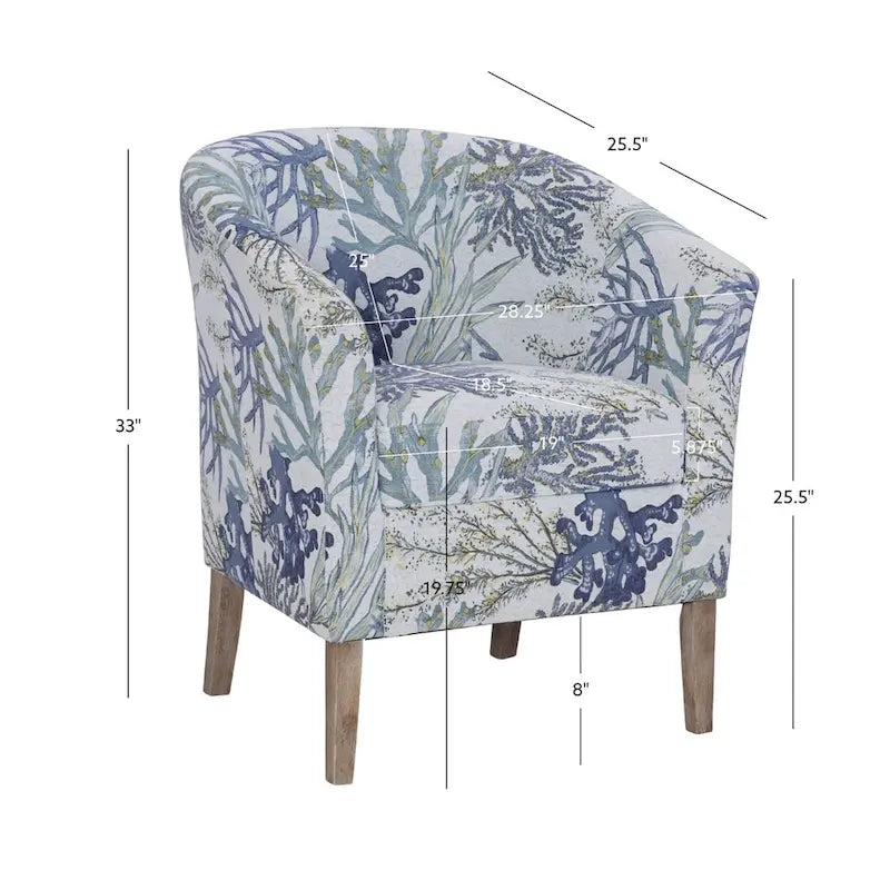 Fauteuil club cylindrique en polyester jacquard à imprimé corail Oceanside avec accoudoirs évasés et structure en bois dur - Usage unique