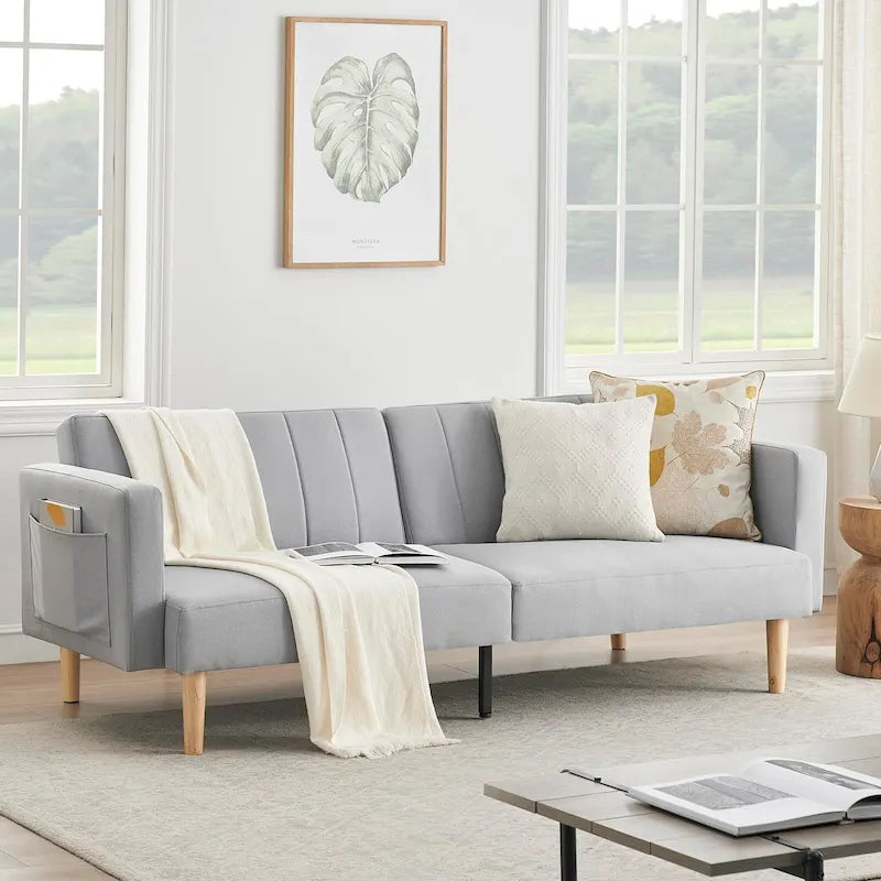 Canapé-lit pliable 3-en-1 en tissu gris foncé/gris clair avec poches de rangement latérales – Convient pour 2 personnes