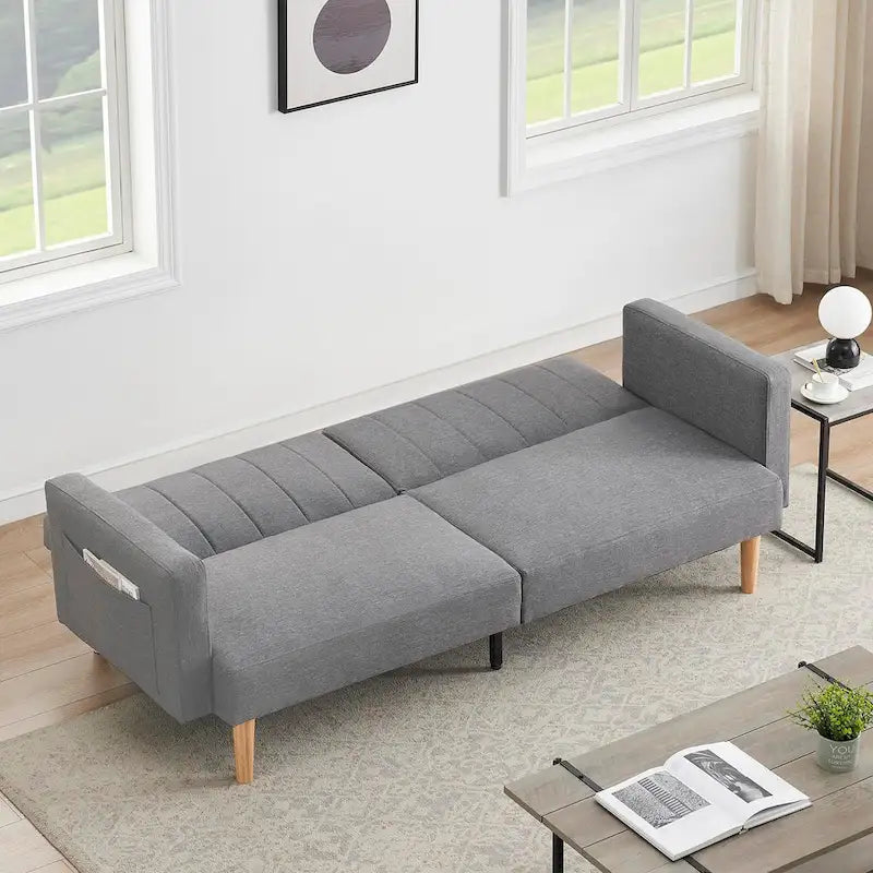 Canapé-lit pliable 3-en-1 en tissu gris foncé/gris clair avec poches de rangement latérales – Convient pour 2 personnes