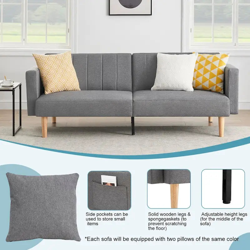 Canapé-lit pliable 3-en-1 en tissu gris foncé/gris clair avec poches de rangement latérales – Convient pour 2 personnes